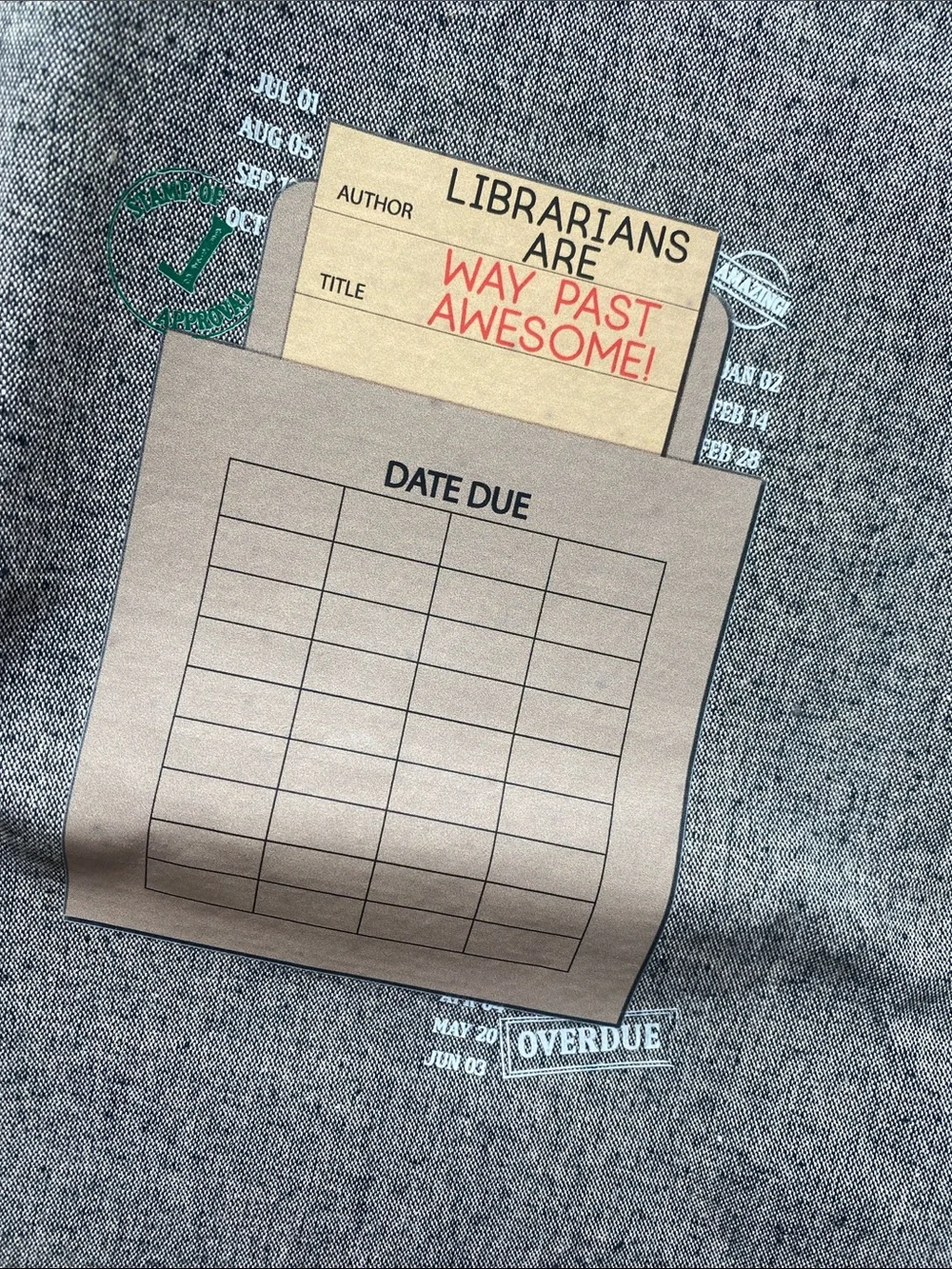 Gray Canvas Tote Bag with Library Card Graphic Librarian